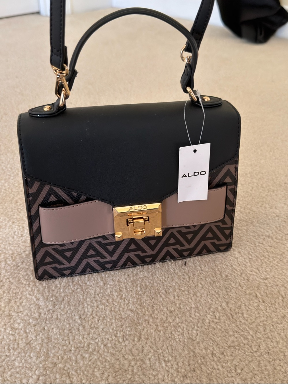 ALDO Black and Taupe Patterned Top-Handle Satchel with Gold Hardware